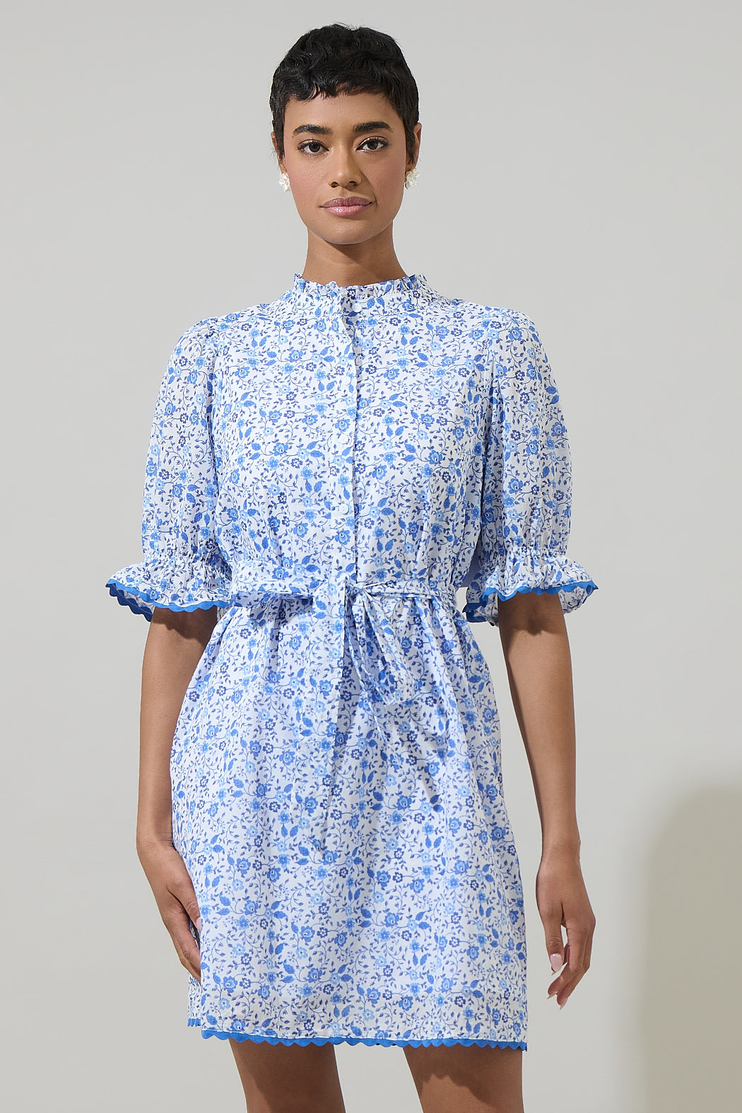 button up mini dress Sweet Valor Crochet Lace Puff Sleeve Button Up Mini Dress