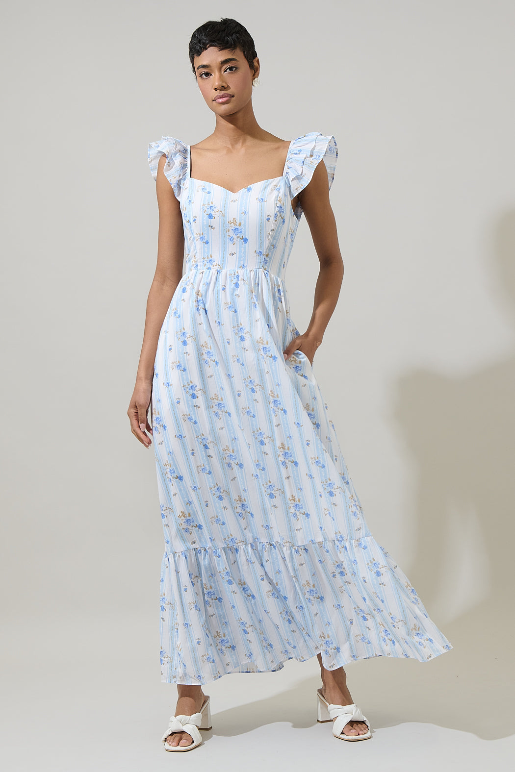 Jovina Floral Rivan Ruffle Maxi Dress BLUES-WHITE / M