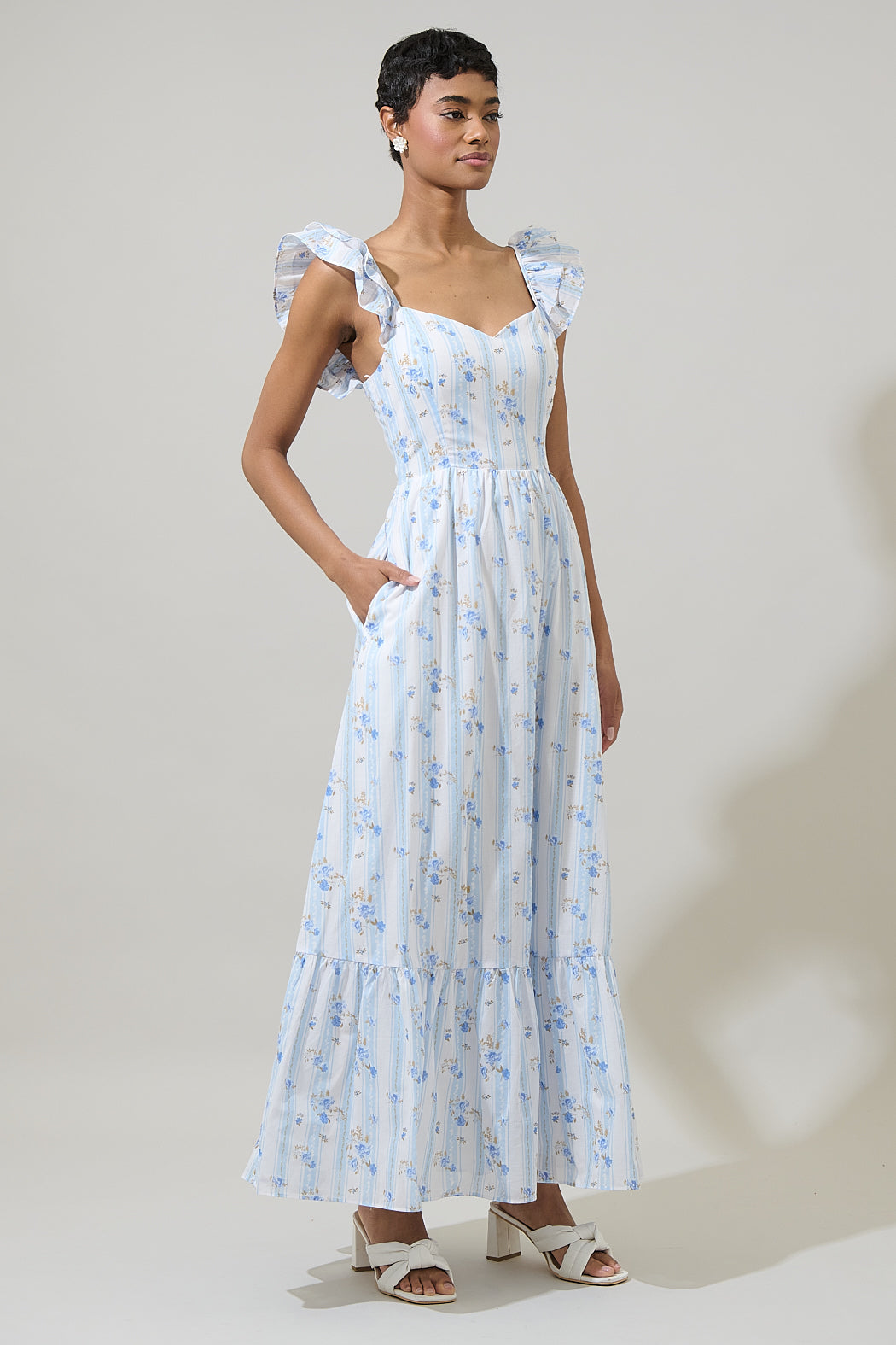 Jovina Floral Rivan Ruffle Maxi Dress BLUES-WHITE / M by Sugarlips Jovina Floral Rivan Ruffle Maxi Dress BLUES-WHITE / M by Sugarlips