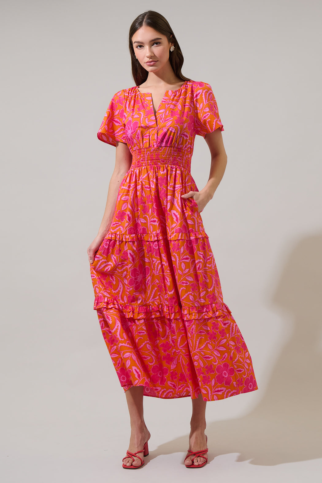 Rea Floral Palmer Poplin Tiered Maxi Dress ORG-FUCHSIA / L by Sugarlips Rea Floral Palmer Poplin Tiered Maxi Dress ORG-FUCHSIA / L by Sugarlips