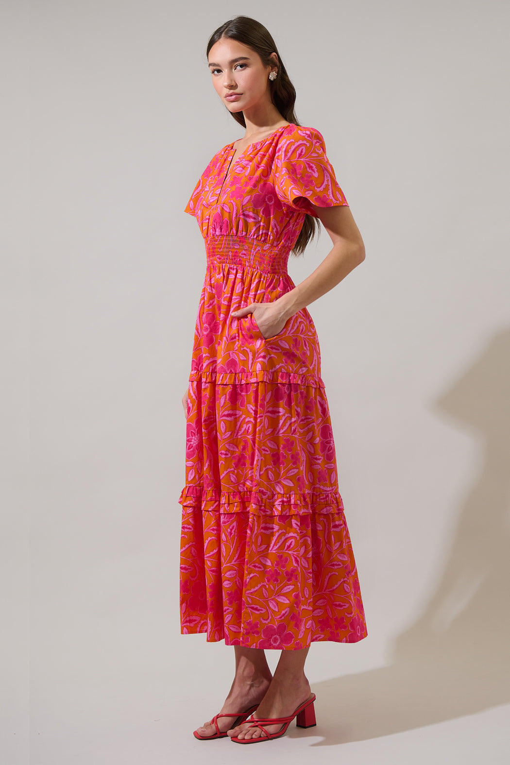 red tiered maxi dress Red Tiered Sleeveless Crepe Maxi Dress