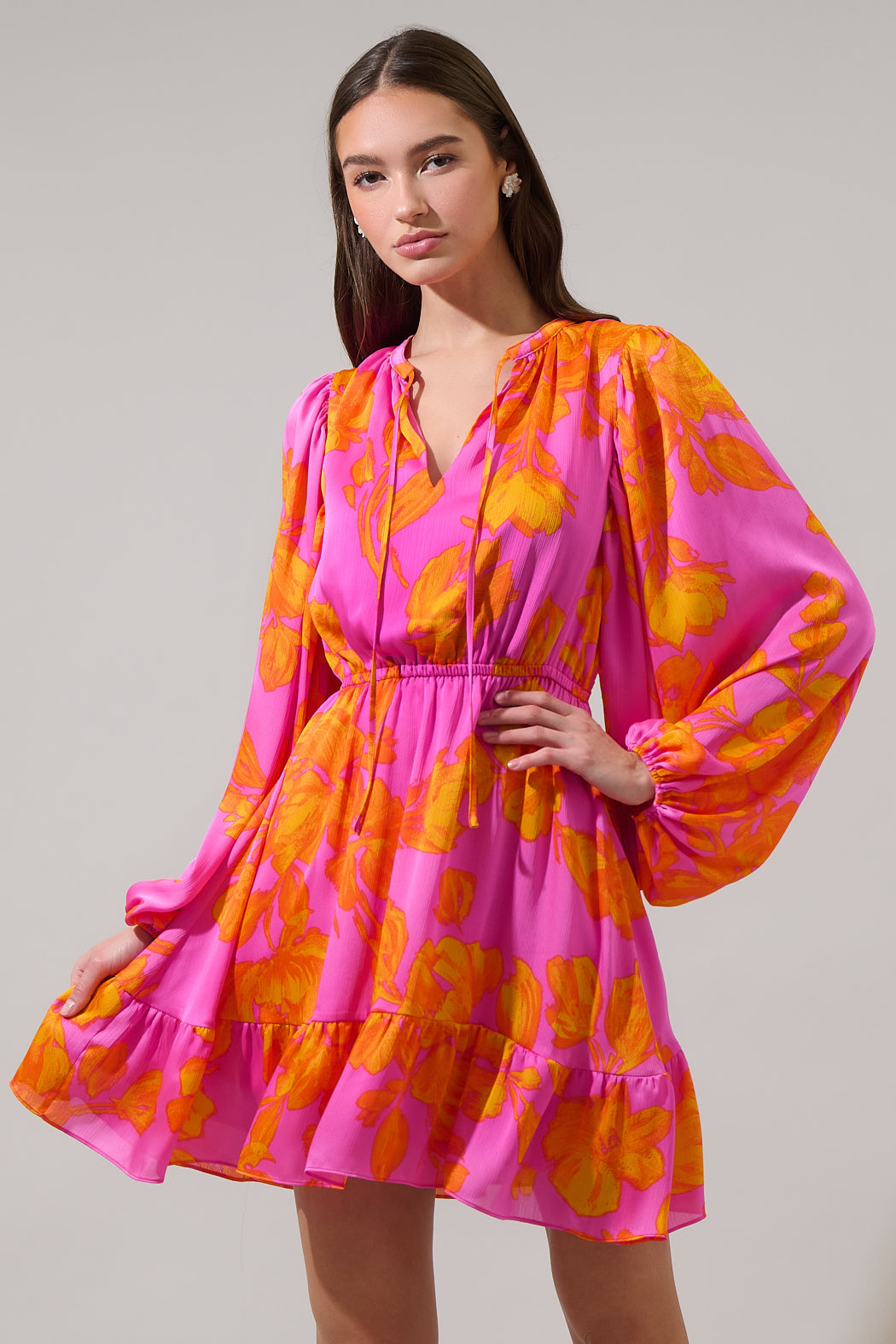 Pacey Floral Paxton Balloon Sleeve Mini Dress NEON-ORANGE / XL