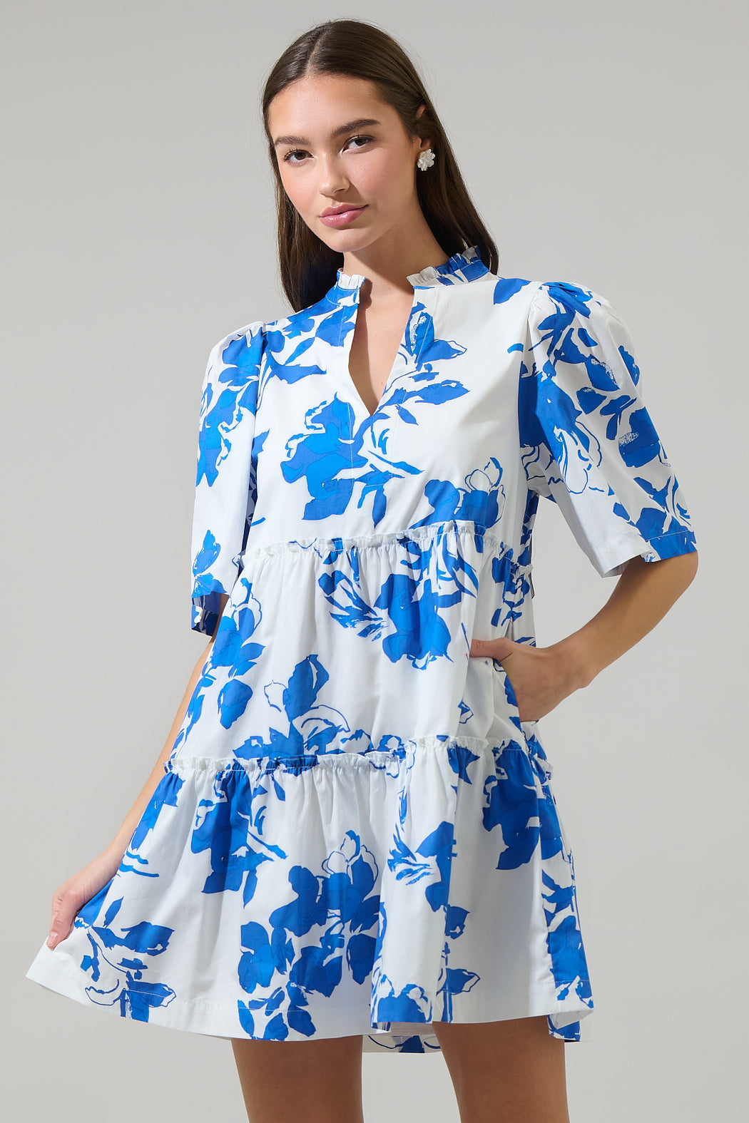 Aby Floral Dixie Split Neck Shift Dress WHITE-COBALT-MUL / S by Sugarlips Aby Floral Dixie Split Neck Shift Dress WHITE-COBALT-MUL / S by Sugarlips