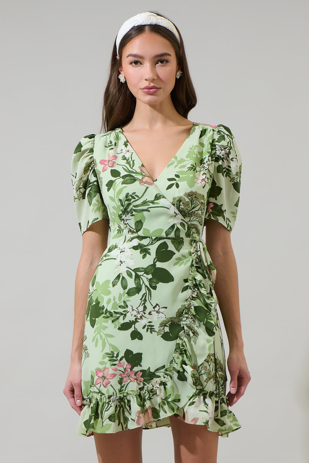 Zane Floral Angelonia Wrap Ruffle Mini Dress GRN-PINK-MUL / L by Sugarlips Zane Floral Angelonia Wrap Ruffle Mini Dress GRN-PINK-MUL / L by Sugarlips