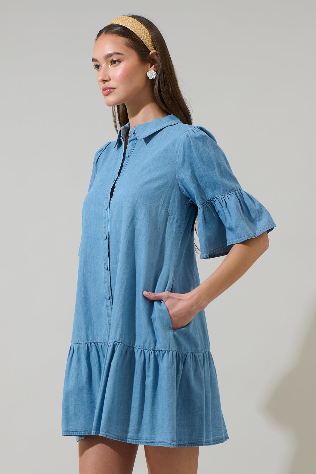 chambray mini dress Haysville Chambray Shift Mini Dress LT-DENIM / XL by Sugarlips