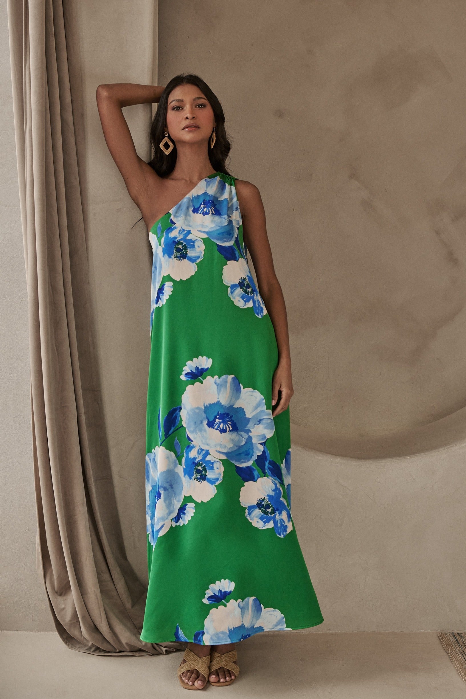 Glena Floral One Shoulder Maxi Dress GREEN-BLUES / XS by Sugarlips Glena Floral One Shoulder Maxi Dress GREEN-BLUES / XS by Sugarlips