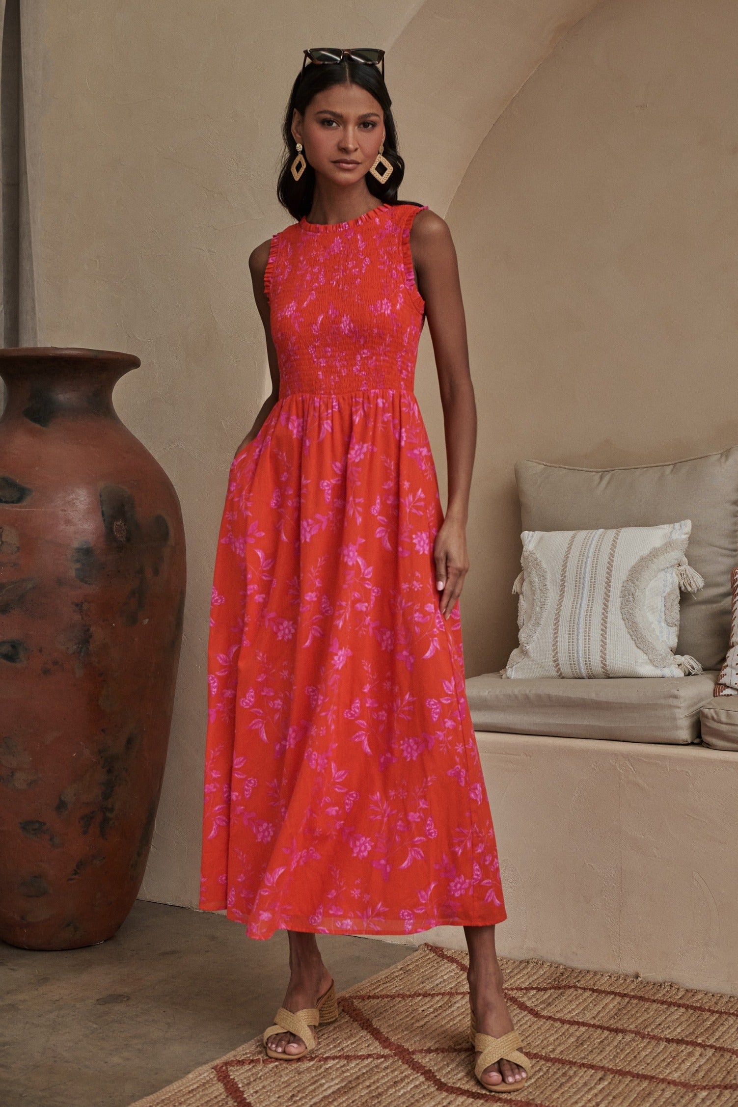 smocked sleeveless midi dress Smocked Sleeveless Midi Dress