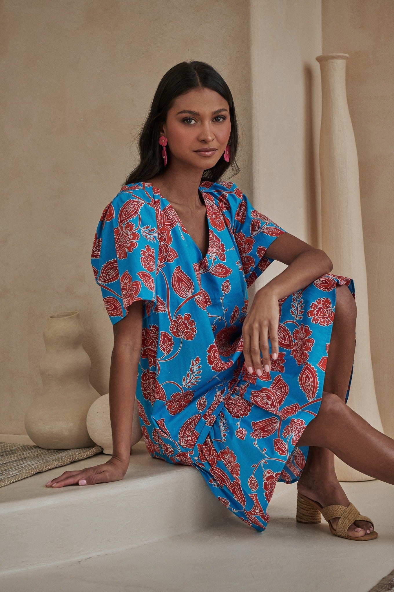 Ripon Floral Seruma Drop Waist Shift Dress BLUE-RED-MULTI / XL by Sugarlips Ripon Floral Seruma Drop Waist Shift Dress BLUE-RED-MULTI / XL by Sugarlips