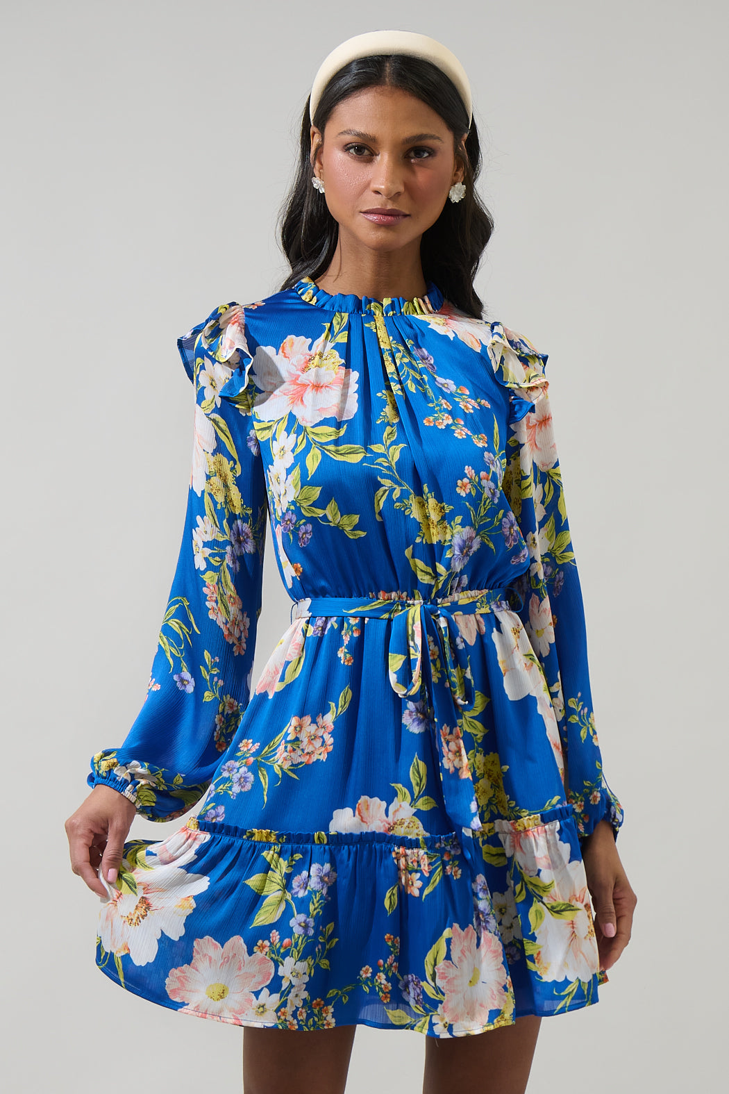 Solary Floral Balloon Sleeve Blouson Dress COBALT-PINK / S by Sugarlips Solary Floral Balloon Sleeve Blouson Dress COBALT-PINK / S by Sugarlips