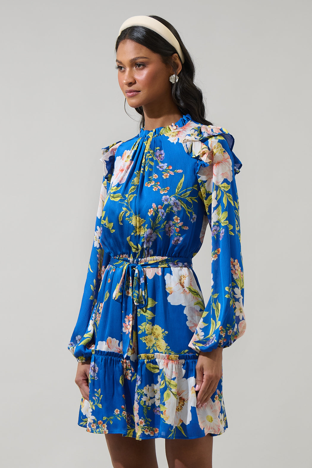 Solary Floral Balloon Sleeve Blouson Dress COBALT-PINK / S by Sugarlips Solary Floral Balloon Sleeve Blouson Dress COBALT-PINK / S by Sugarlips