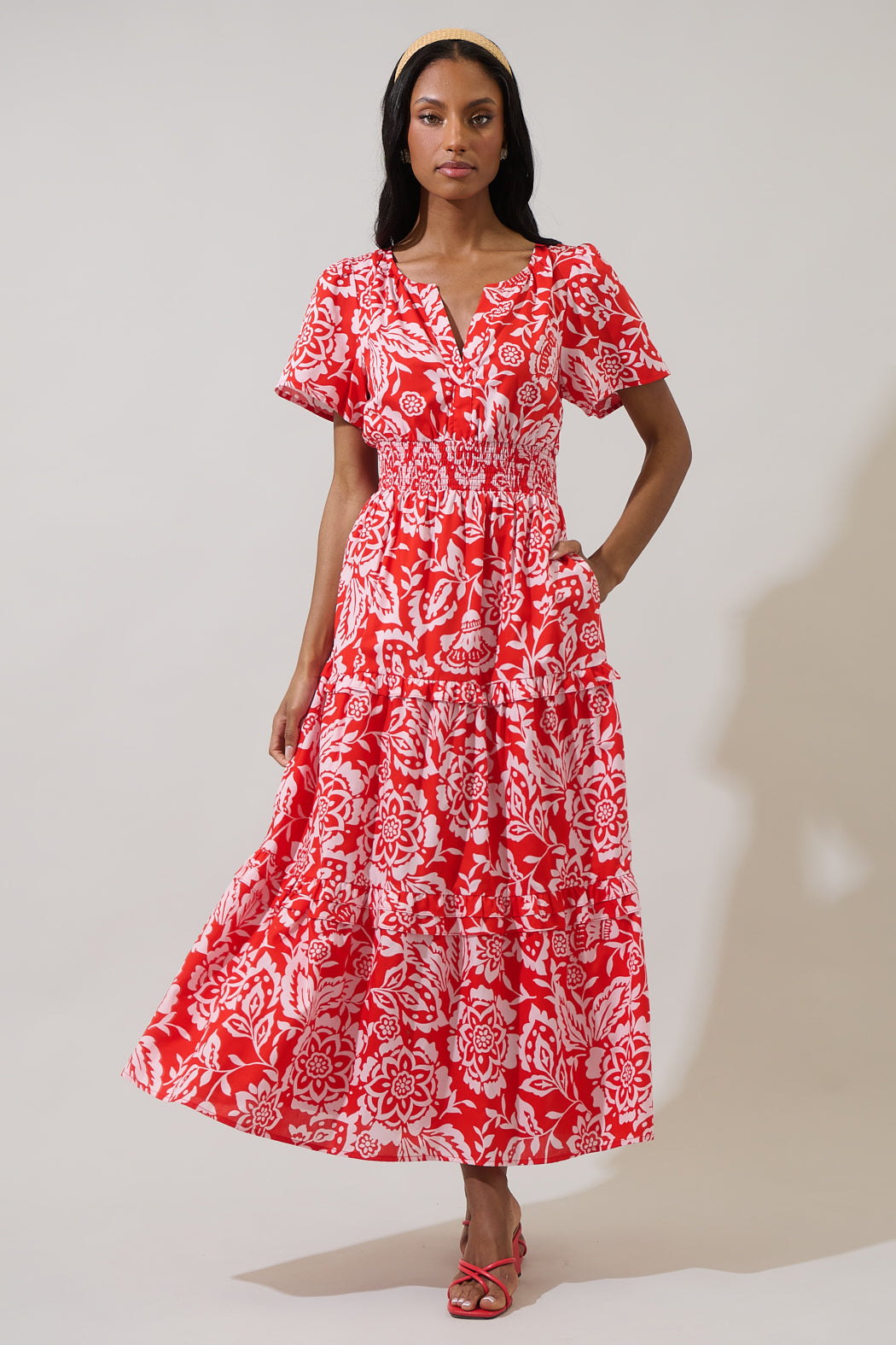 Hazen Floral Palmer Poplin Tiered Maxi Dress RED-MULTI / M by Sugarlips Hazen Floral Palmer Poplin Tiered Maxi Dress RED-MULTI / M by Sugarlips