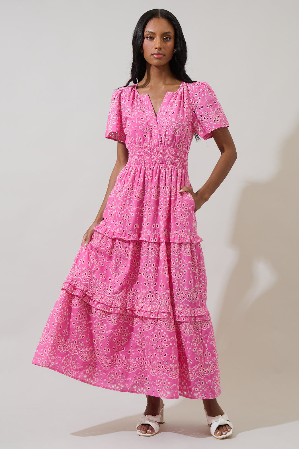 Viridiana Eyelet Palmer Tiered Maxi Dress FUCHSIA / S by Sugarlips Viridiana Eyelet Palmer Tiered Maxi Dress FUCHSIA / S by Sugarlips