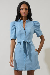 Jamie Denim Puff Sleeve Belted Mini Dress