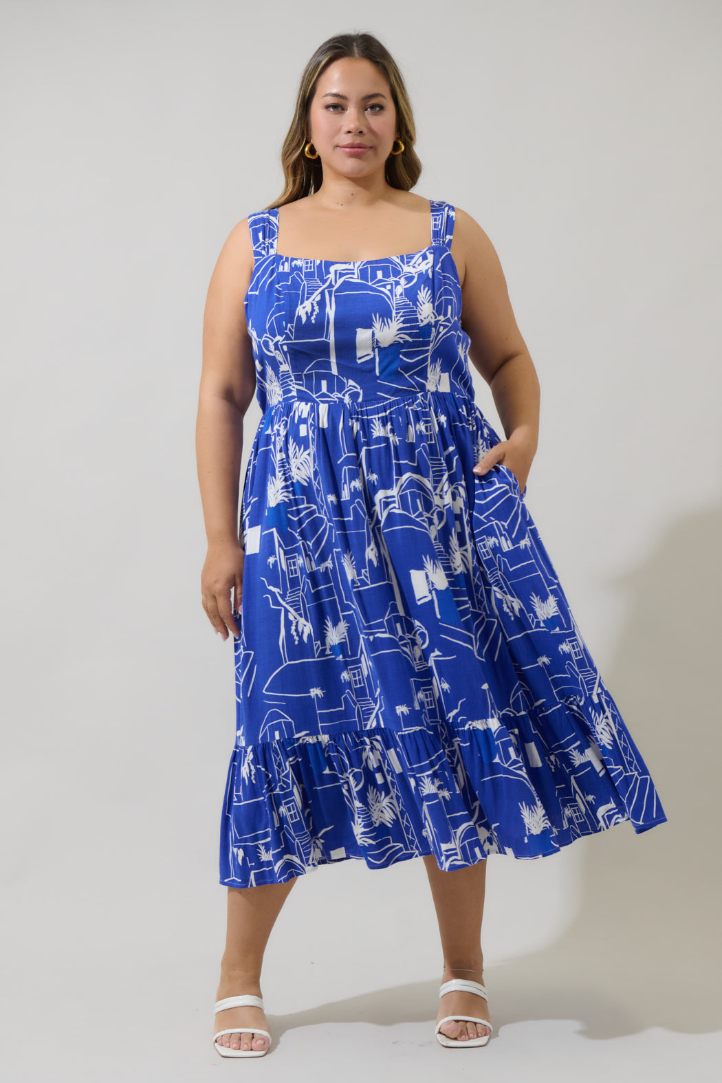 Mims Town Sunnyvale Linen Midi Dress Curve WHT-BLUE-MULTI / 2X by Sugarlips Mims Town Sunnyvale Linen Midi Dress Curve WHT-BLUE-MULTI / 2X by Sugarlips