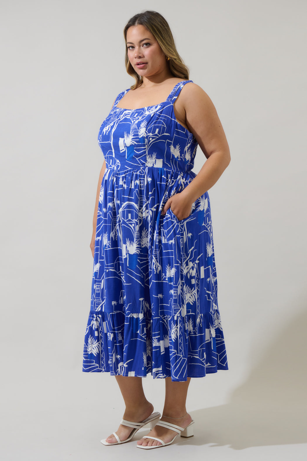 Mims Town Sunnyvale Linen Midi Dress Curve WHT-BLUE-MULTI / 2X by Sugarlips Mims Town Sunnyvale Linen Midi Dress Curve WHT-BLUE-MULTI / 2X by Sugarlips