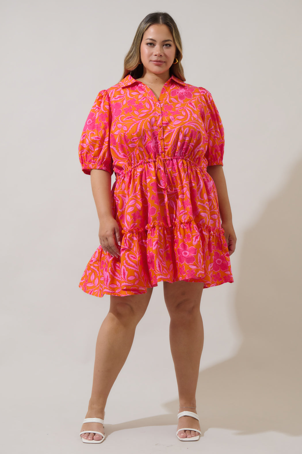 Rea Floral Stacie Button Down Mini Dress Curve ORG-FUCHSIA / 2X by Sugarlips