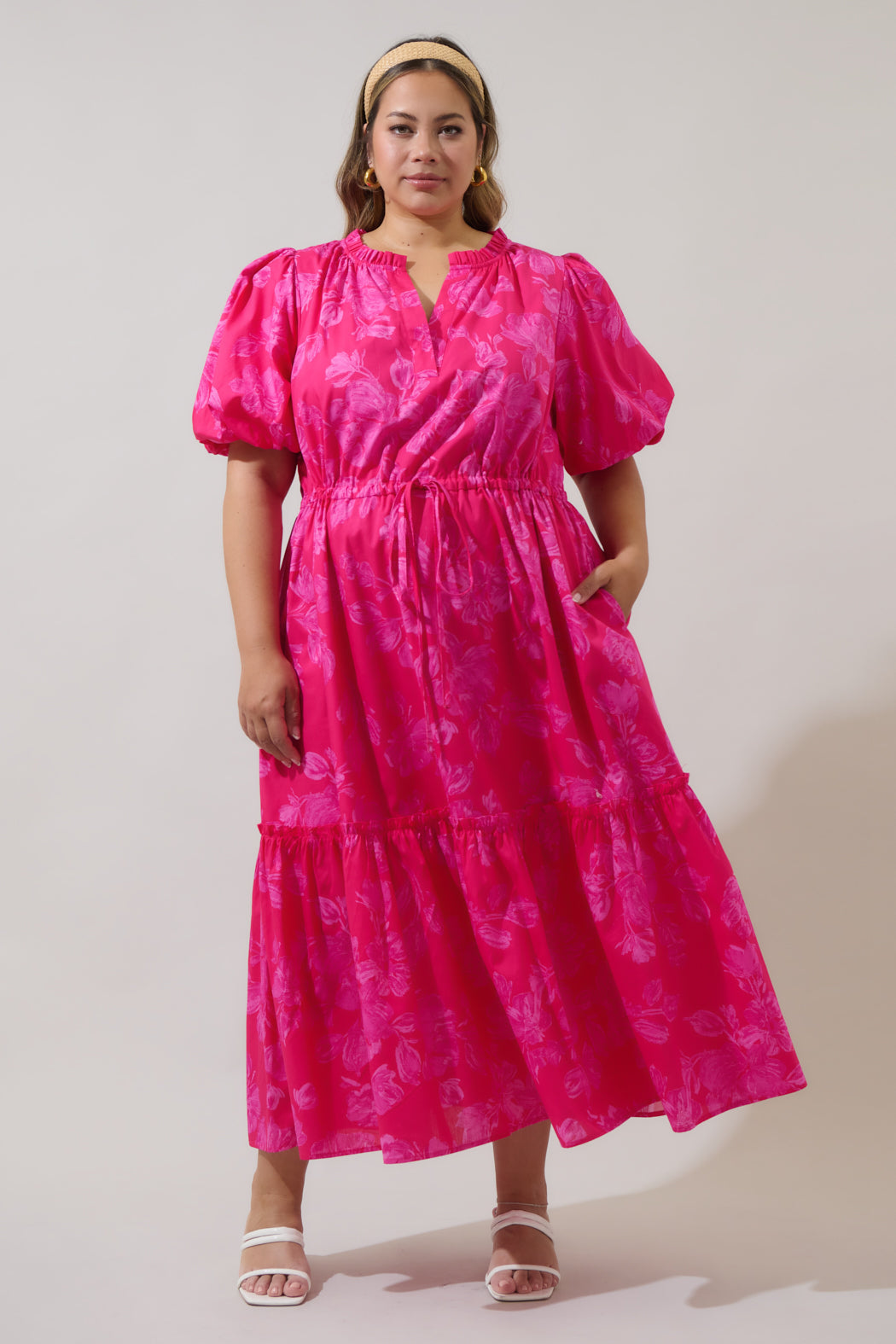bubble sleeve midi dress Aubrey Floral Ginny Bubble Sleeve Midi Dress PINK-MULTI / S by Sugarlips