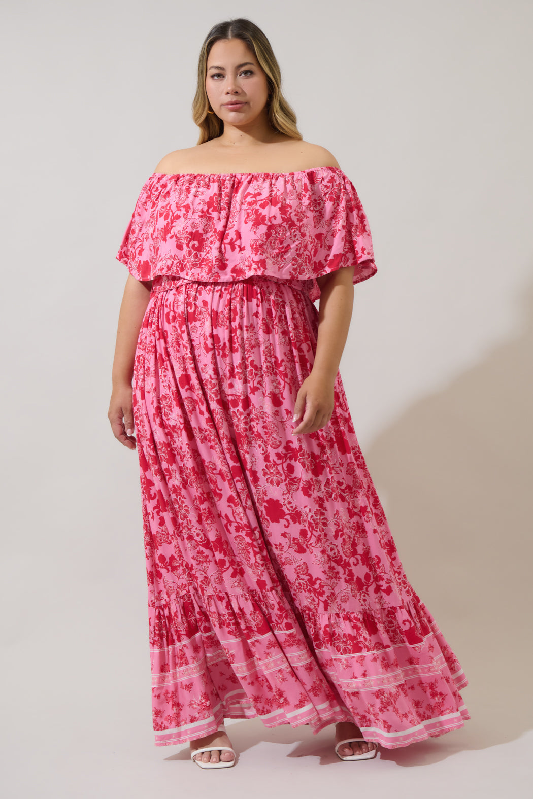 red floral off the shoulder maxi dress Close To The Vacation Floral Print Smocked Off Shoulder Pocketed Maxi Dress