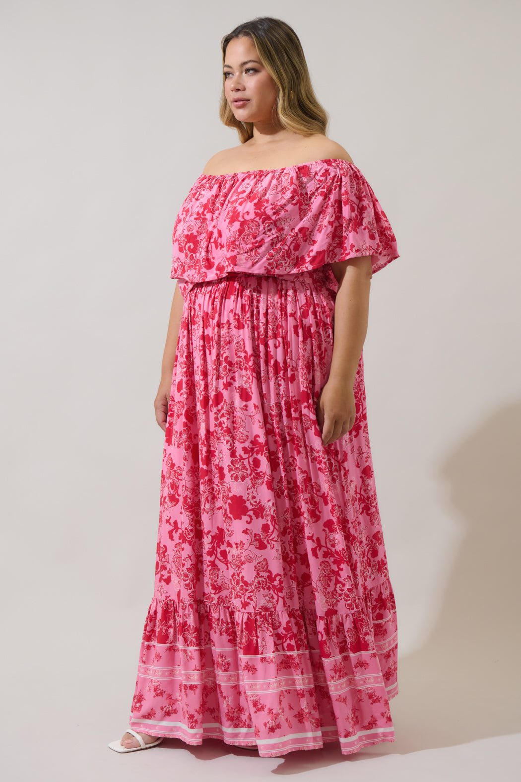 pink floral off shoulder maxi dress Baltic Born Womens Allegra Off Shoulder Maxi Dress | Lavender Floral