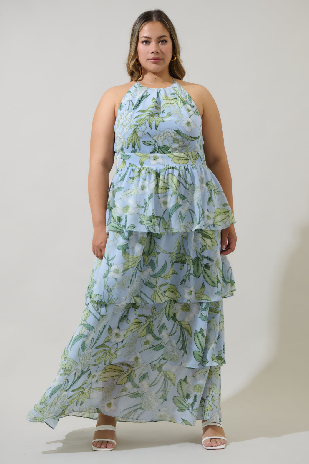 Serenade Bloom Seana Tiered Maxi Dress Curve WHT-GREENS / 1x by Sugarlips Serenade Bloom Seana Tiered Maxi Dress Curve WHT-GREENS / 1x by Sugarlips
