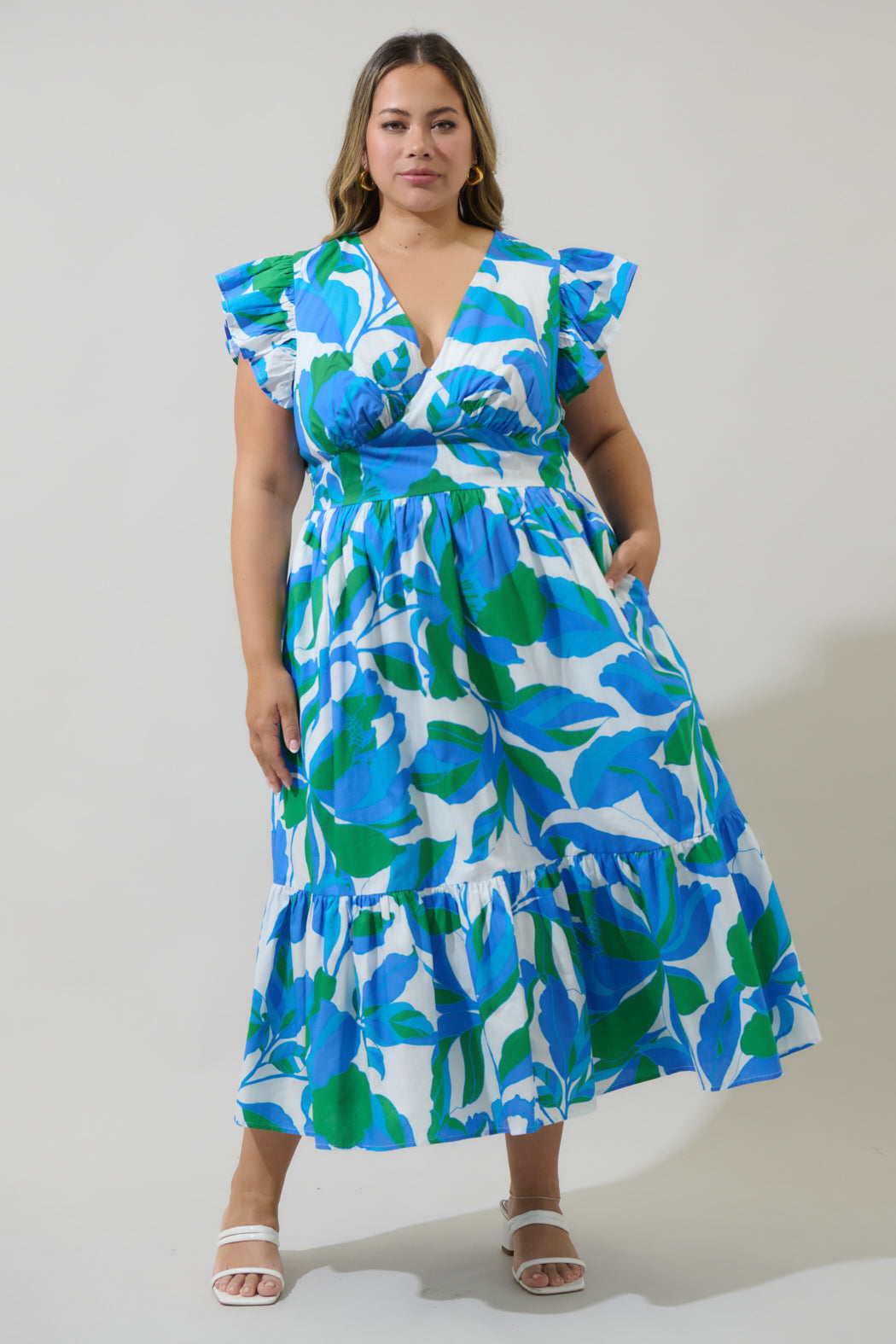 Pansie Floral Alara Ruffle Midi Dress Curve WHT-BLUE-GRN / 1X by Sugarlips Pansie Floral Alara Ruffle Midi Dress Curve WHT-BLUE-GRN / 1X by Sugarlips