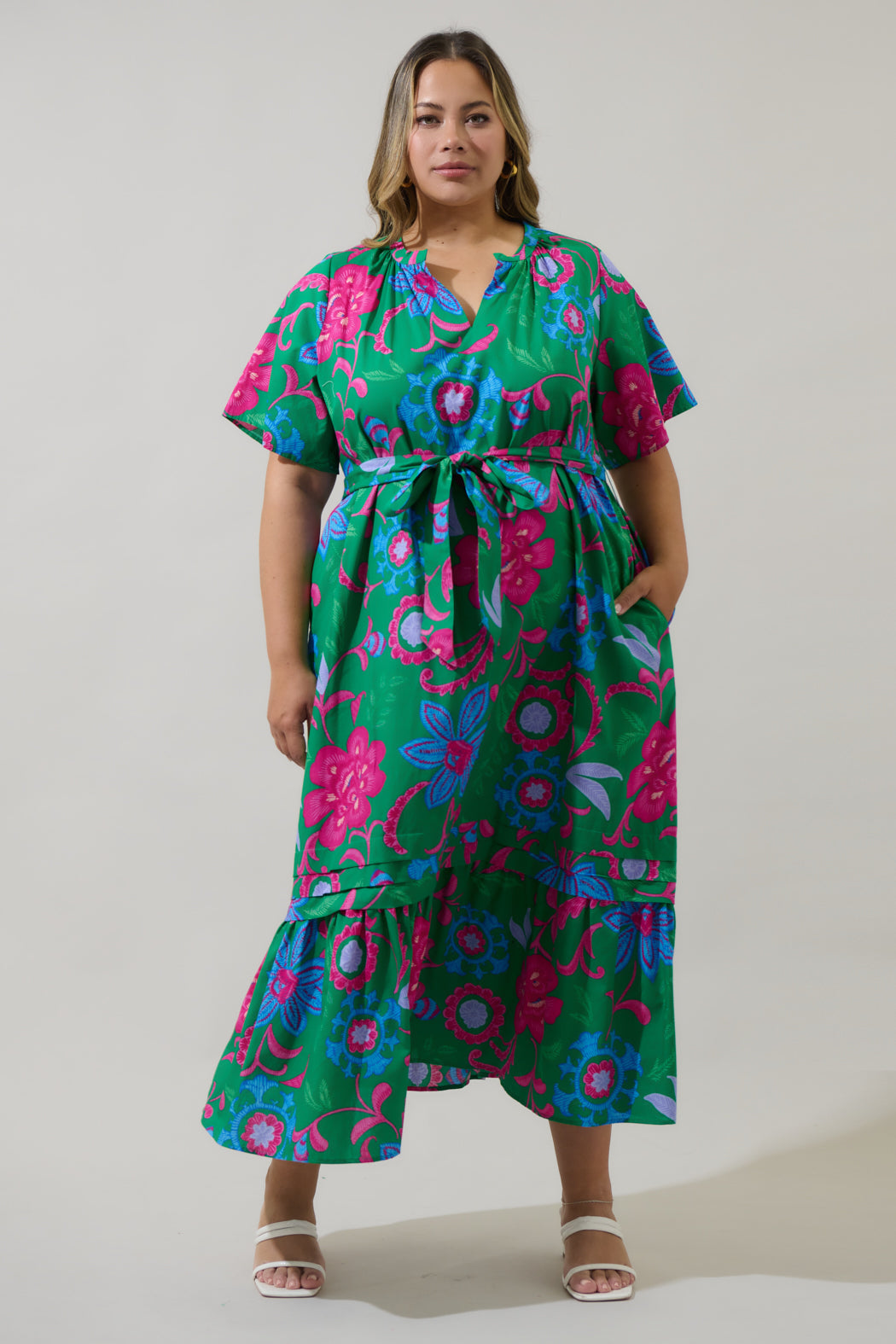 Cabina Floral Reya Pleated Midi Dress Curve BLUE-PINK-MULTI / 3X by Sugarlips Cabina Floral Reya Pleated Midi Dress Curve BLUE-PINK-MULTI / 3X by Sugarlips