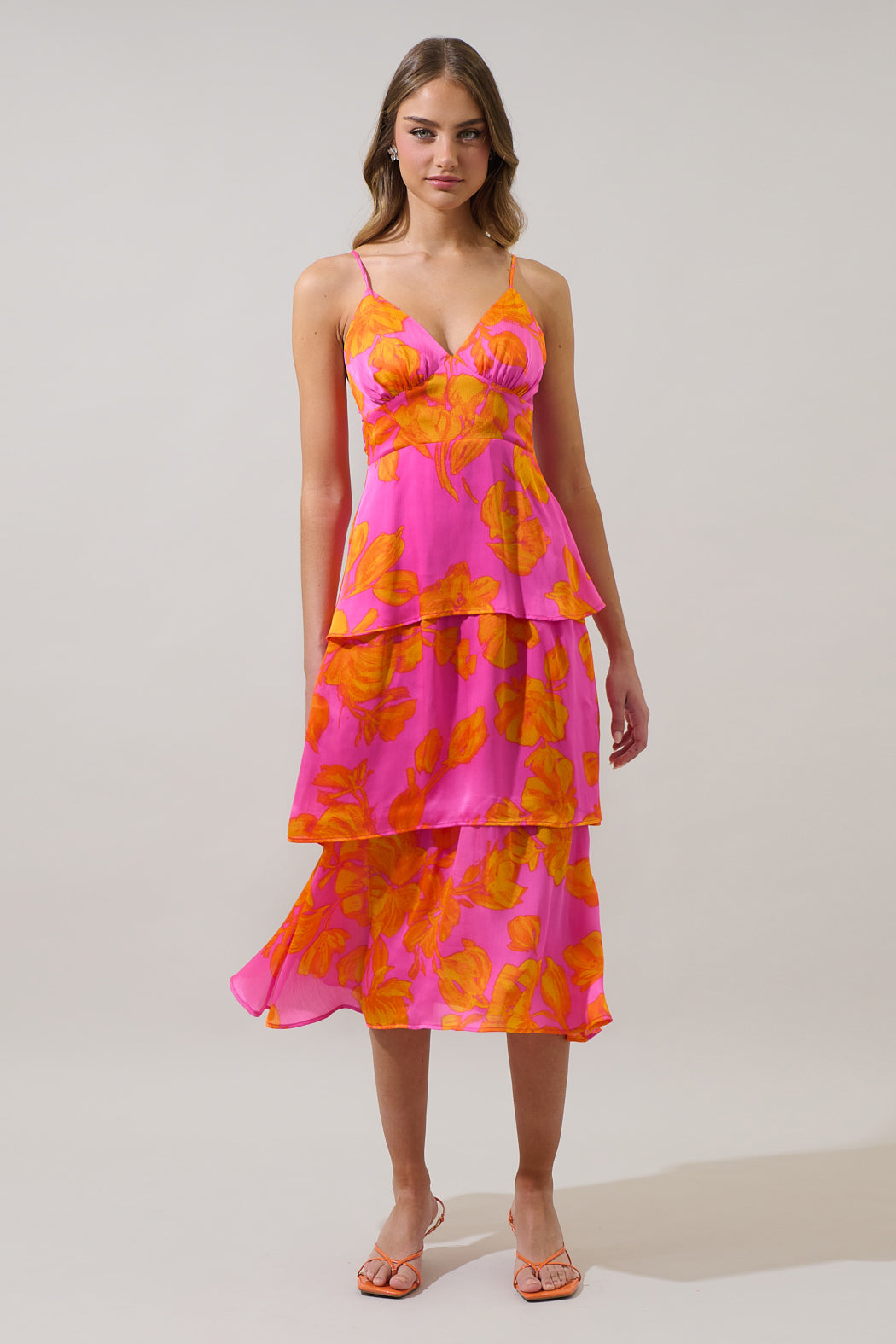 Pacey Floral Yanni Ruffle Tiered Midi Dress Neon-Orange / Xs by Sugarlips Pacey Floral Yanni Ruffle Tiered Midi Dress Neon-Orange / Xs by Sugarlips