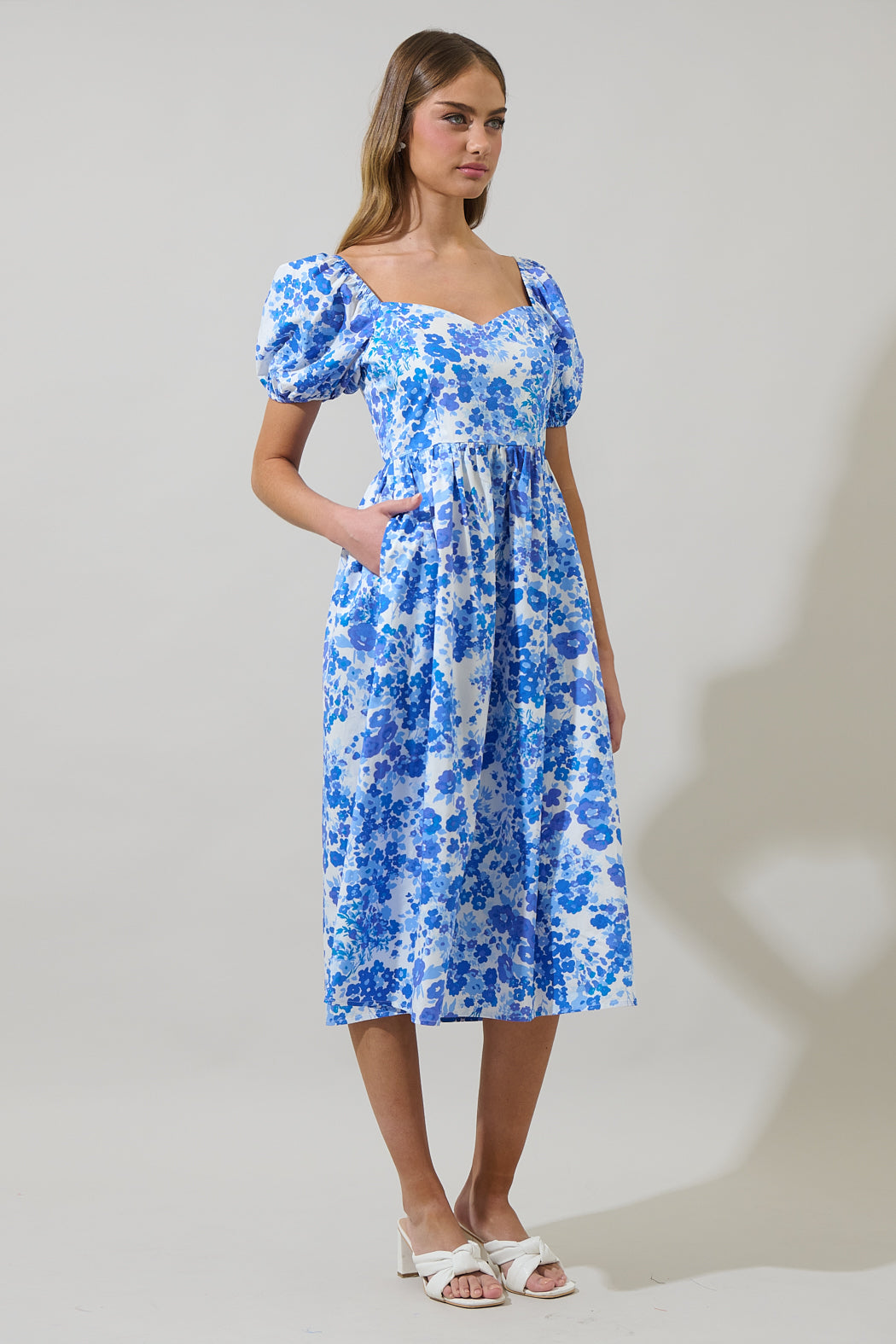 SUGARLIPS Women's Carli Floral Alessi Puff Sleeve Cotton Midi Dress - Blue