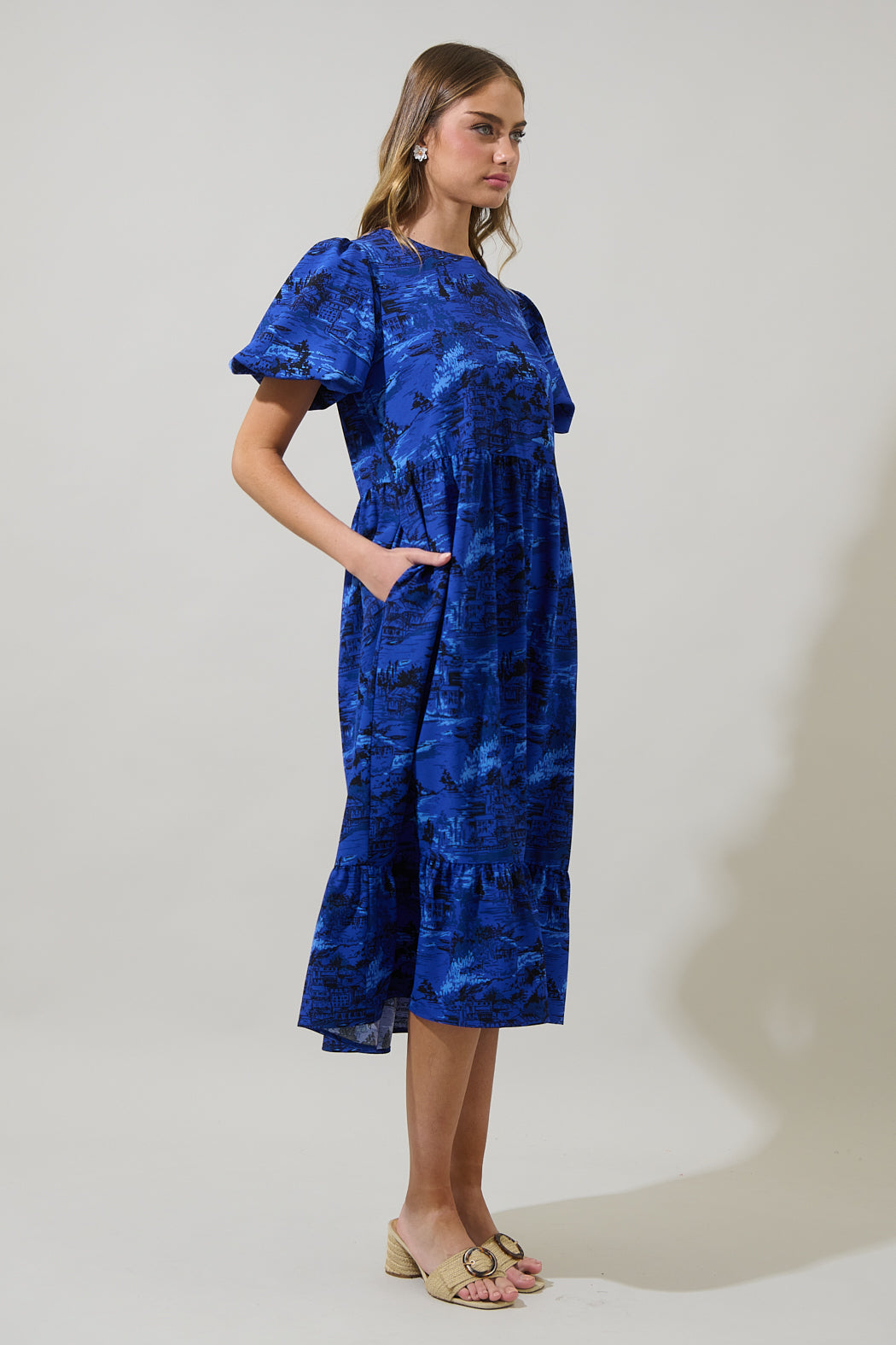City Swiss Papillon Puff Sleeve Midi Dress BLUE / L by Sugarlips City Swiss Papillon Puff Sleeve Midi Dress BLUE / L by Sugarlips