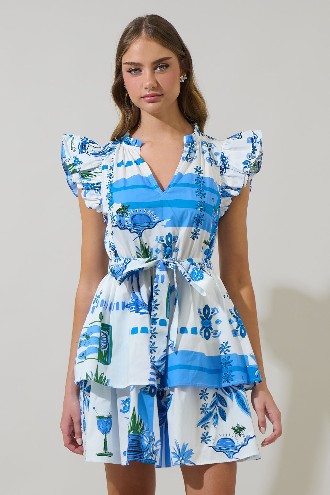marisol mini dress Bria Floral Marisol Tiered Mini Dress WHT-OLIVES / XL by Sugarlips