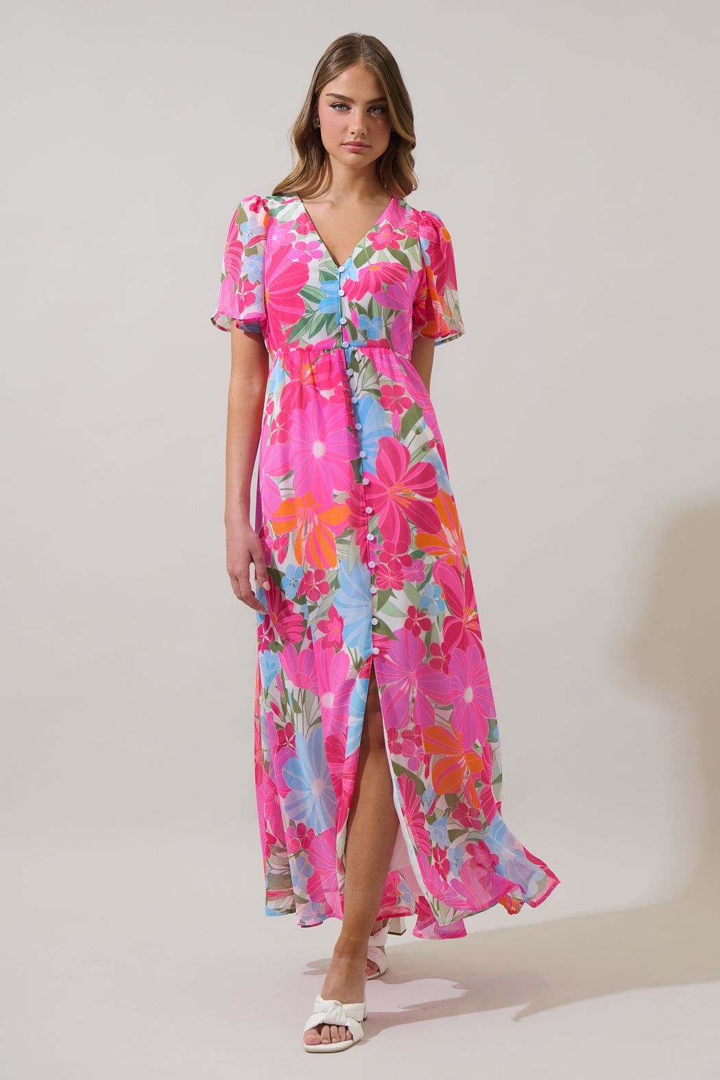button front maxi dress Calista Floral Linana Button Front Maxi Dress PINK-BLUE-MULTI / XS by Sugarlips