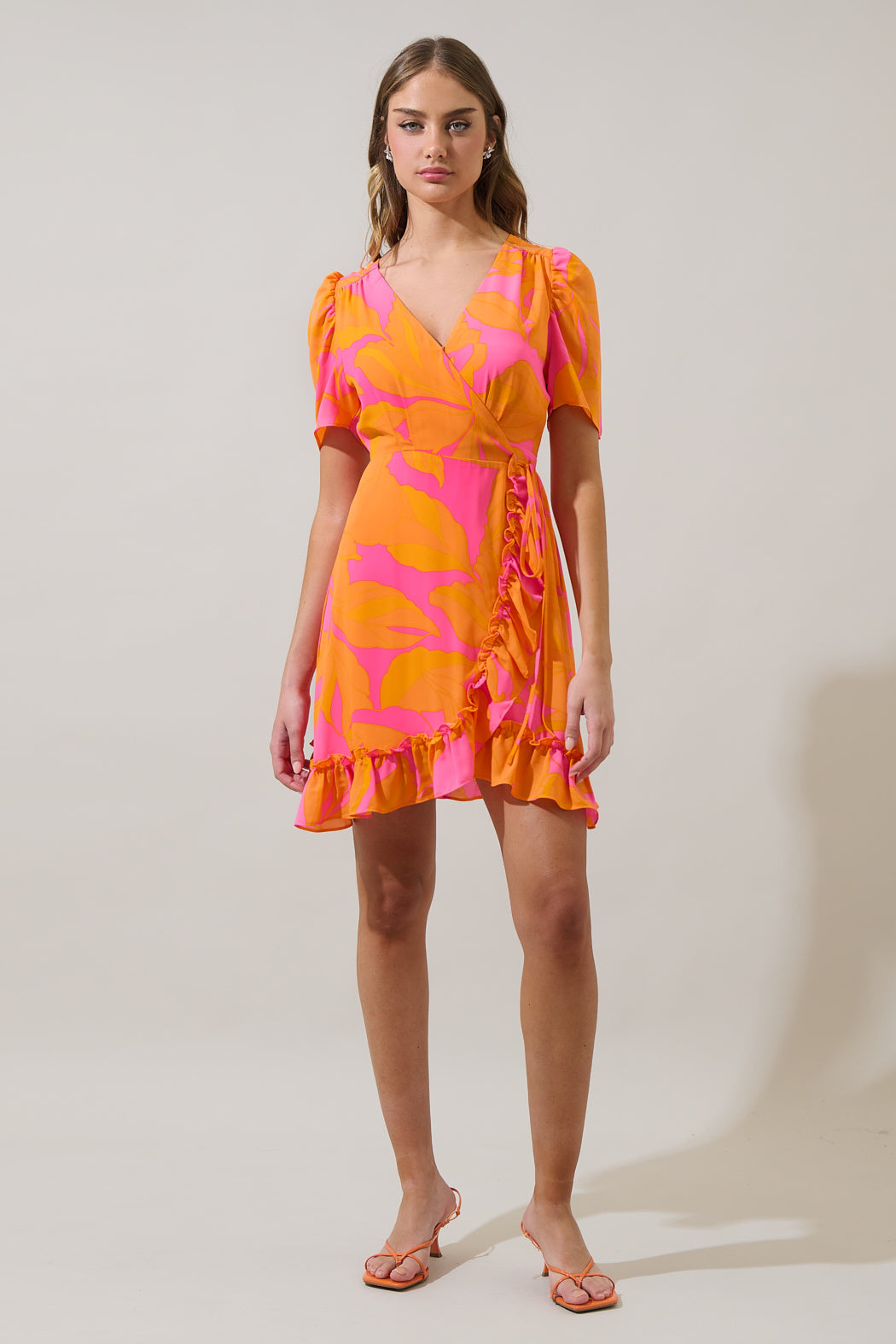orange wrap mini dress Kennett Orange Floral Mini Wrap Dress