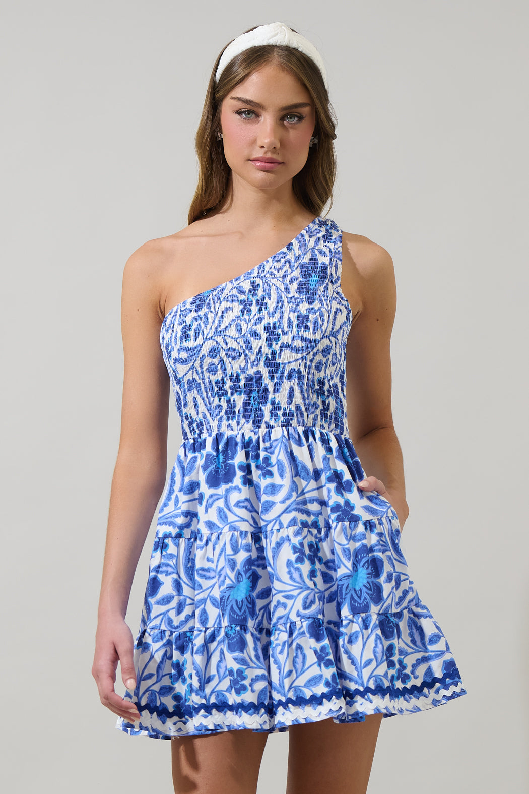 floral one shoulder mini dress ASOS DESIGN cotton-linen blend one shoulder mini dress with wrap detail in floral print