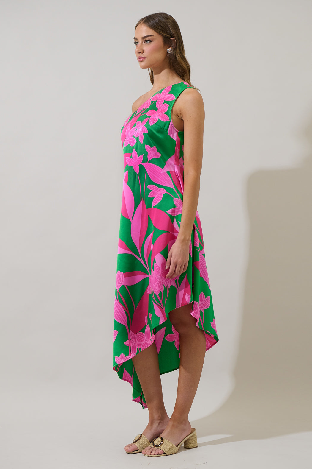 Zarae Blossom Mivia One Shoulder Asymmetrical Dress FUCHSIA-GRN-MUL / M by Sugarlips Zarae Blossom Mivia One Shoulder Asymmetrical Dress FUCHSIA-GRN-MUL / M by Sugarlips