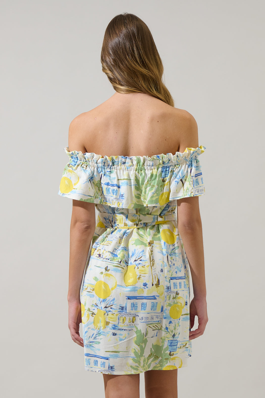 Amalfi Coast Off the Shoulder Ruffle Mini Dress BLUE-MUL / L by Sugarlips Amalfi Coast Off the Shoulder Ruffle Mini Dress BLUE-MUL / L by Sugarlips