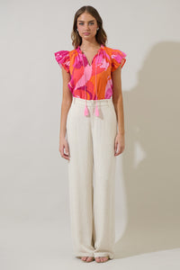 Merim Floral Deniza Split Neck Ruffle Top