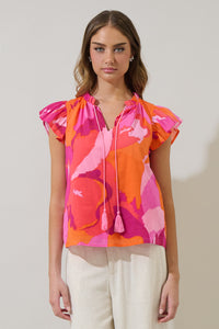 Merim Floral Deniza Split Neck Ruffle Top