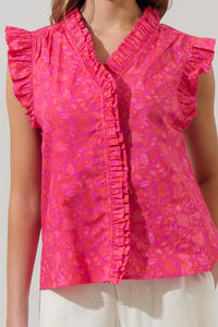 Cerise Floral Eviel Ruffle Blouse