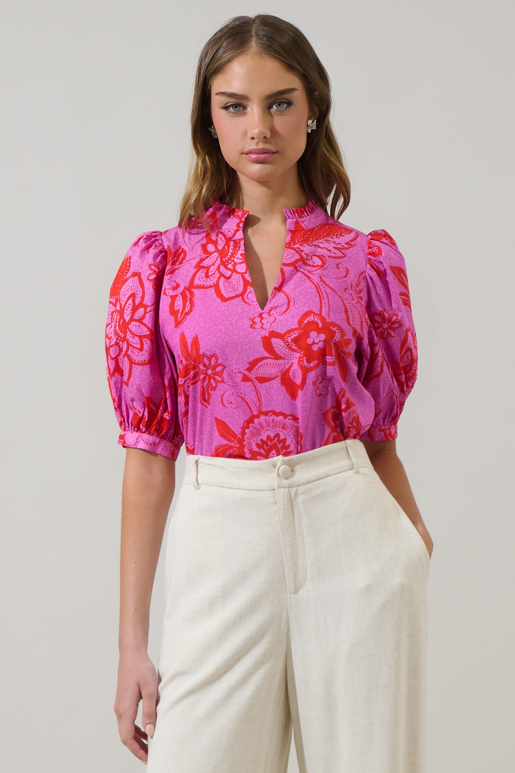 american living short sleeve floral print blouse size L