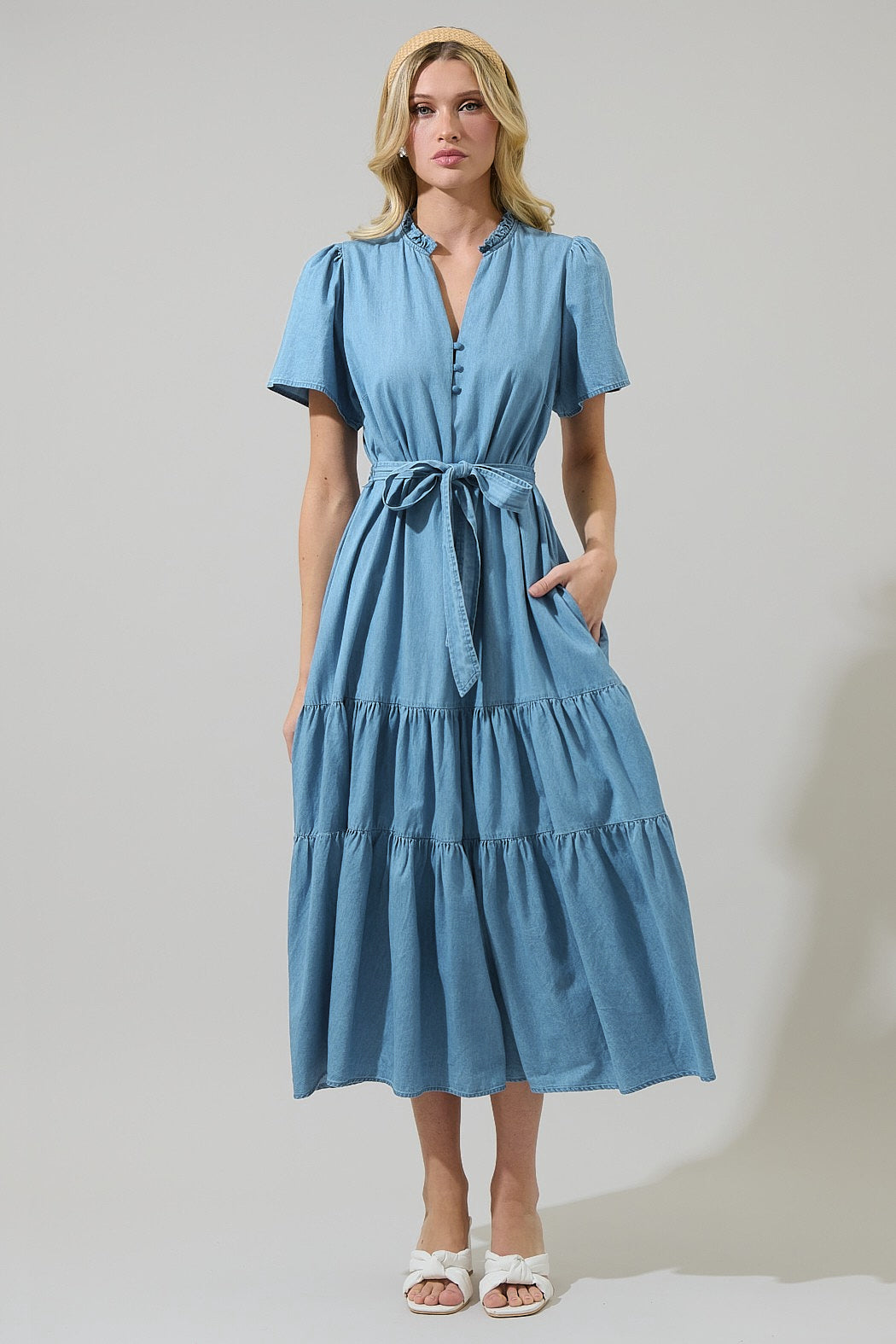 chambray midi dress Rena Dark Dress, Small The Graceful Days Chambray Midi Dress is the perfect blend of comfort and feminine charm Skylah Chambray Britt Tiered Midi