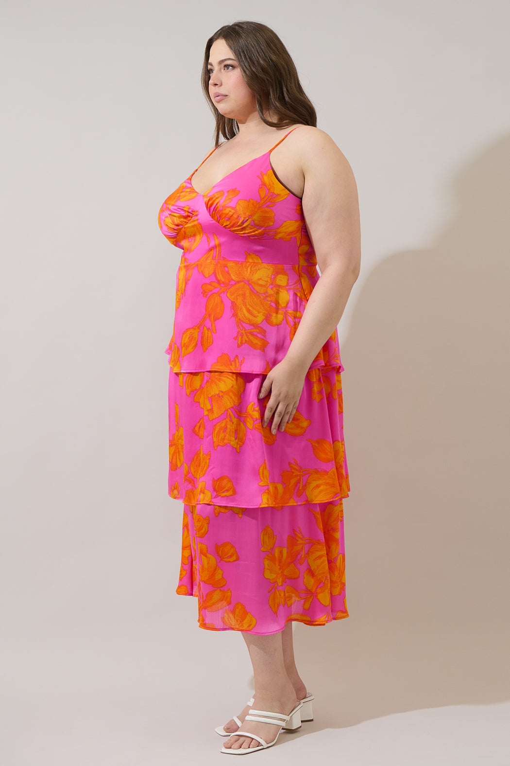 Pacey Floral Yanni Ruffle Tiered Midi Dress Curve Neon-Orange / 3X by Sugarlips Pacey Floral Yanni Ruffle Tiered Midi Dress Curve Neon-Orange / 3X by Sugarlips