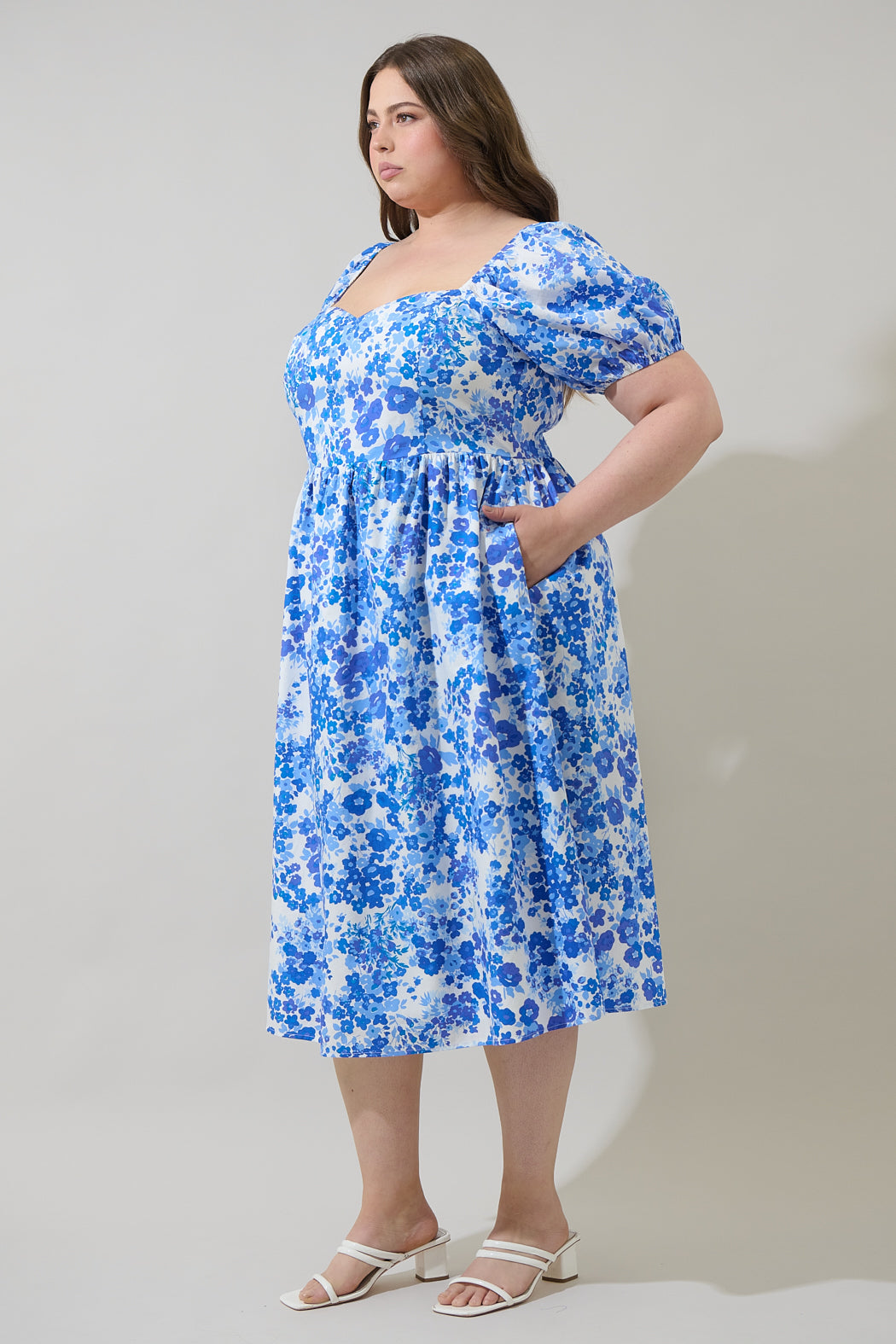 casual puff sleeve midi dress Arvada Plaid Alessi Puff Sleeve Midi Dress NAVY-MULTI / L by Sugarlips