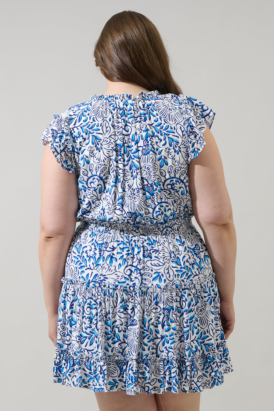 Mize Floral Toledo Tiered Mini Dress Curve WHITE-BLUES / 3X by Sugarlips Mize Floral Toledo Tiered Mini Dress Curve WHITE-BLUES / 3X by Sugarlips