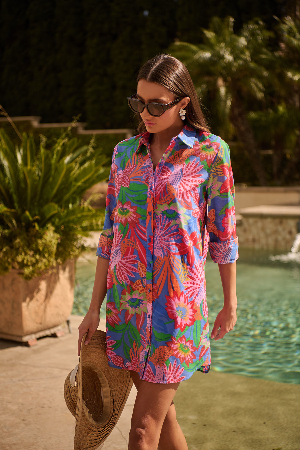 Cindal Floral Luba Oversized Shirt Mini Dress BLUE-PINK-MULTI / Xs by Sugarlips Cindal Floral Luba Oversized Shirt Mini Dress BLUE-PINK-MULTI / Xs by Sugarlips