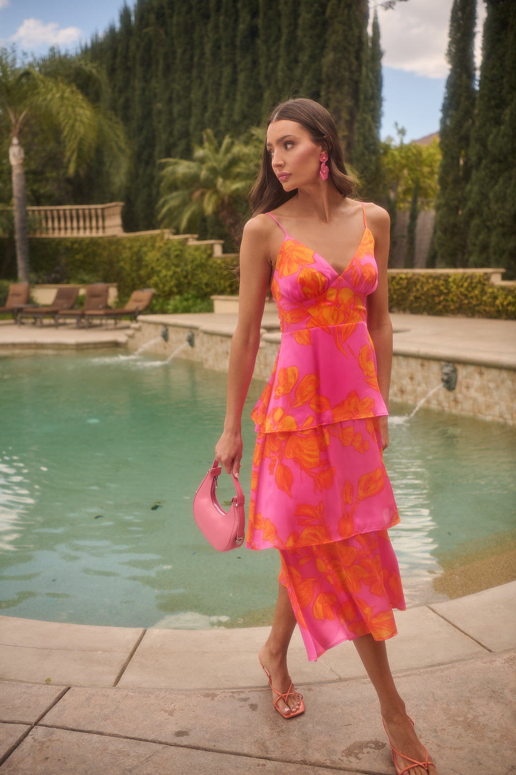 ruffle layered midi dress Pacey Floral Yanni Ruffle Tiered Midi Dress NEON-ORANGE / XL by Sugarlips