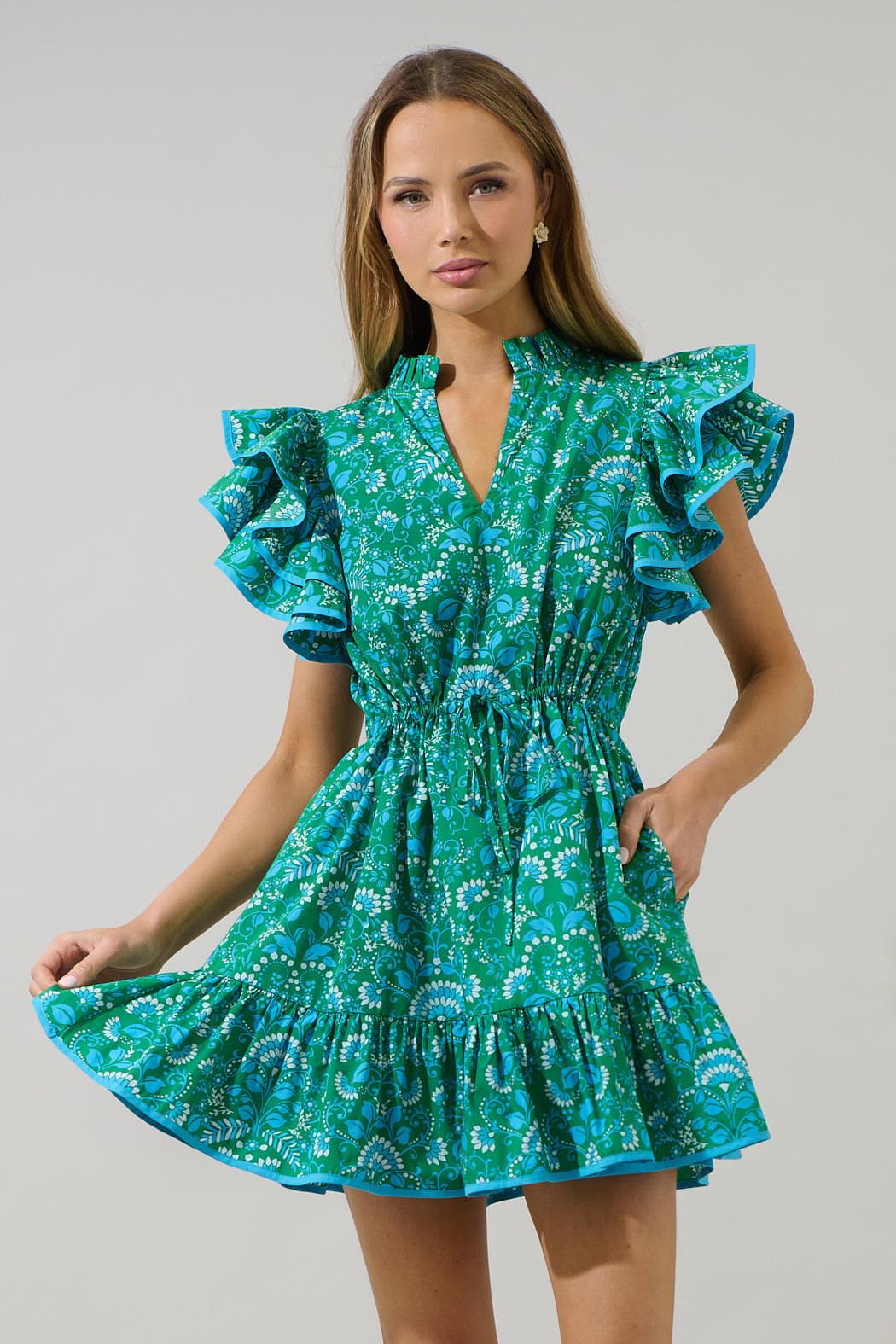 Alina Floral Ruffle Shift Mini Dress KELLY-CERULEAN / S