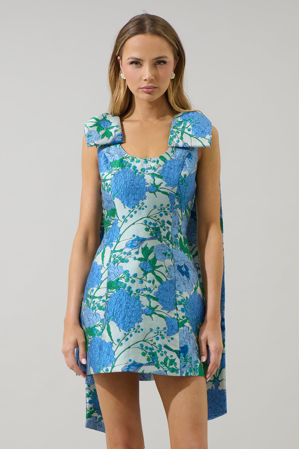 Willa Floral Jacquard Bow Sash Dress WHITE-BLUE / S by Sugarlips Willa Floral Jacquard Bow Sash Dress WHITE-BLUE / S by Sugarlips