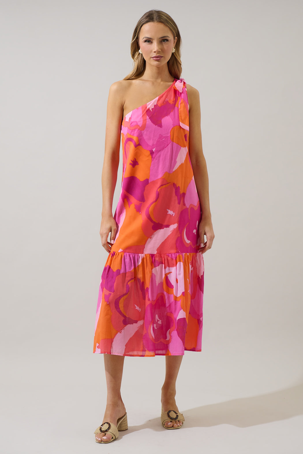 one shoulder midi dress floral Baltic Born Womens Brisa One Shoulder Midi Dress | White + Blue