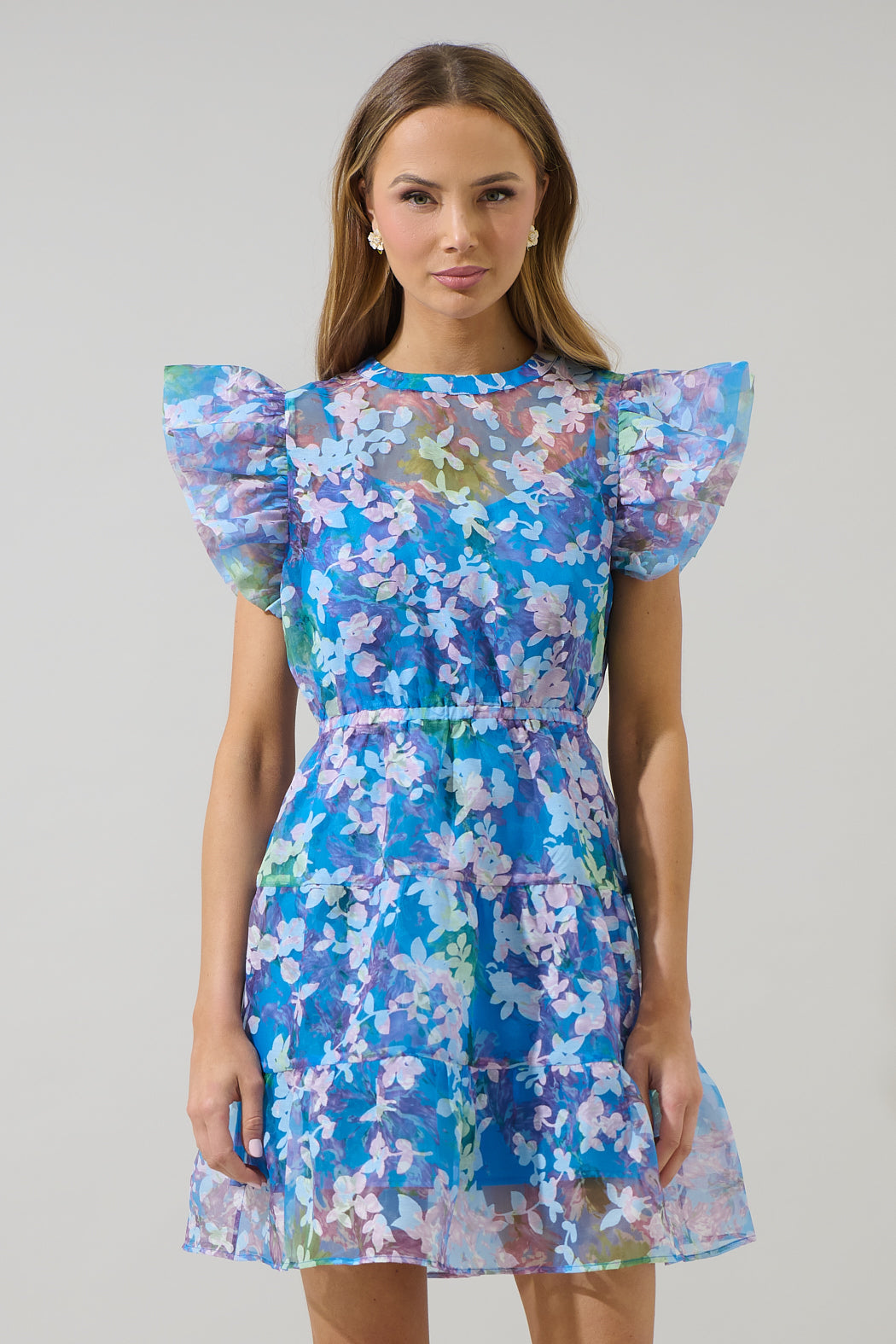 Eleni Organza Gunda Tiered Mini Dress COBALT-MULTI / S by Sugarlips Eleni Organza Gunda Tiered Mini Dress COBALT-MULTI / S by Sugarlips