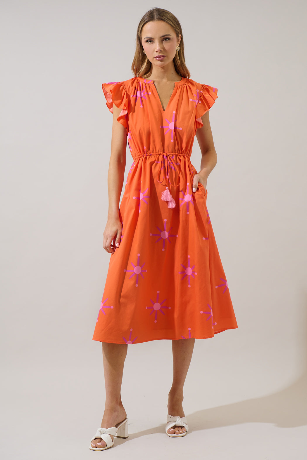 Karani Starburst Tiarna Ruffle Midi Dress ORG-FUCHSIA / Xs by Sugarlips Karani Starburst Tiarna Ruffle Midi Dress ORG-FUCHSIA / Xs by Sugarlips